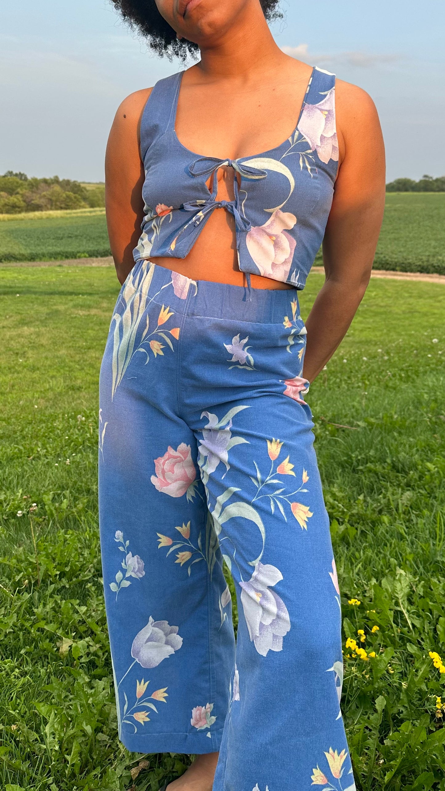 Blue Floral Tie Front Top